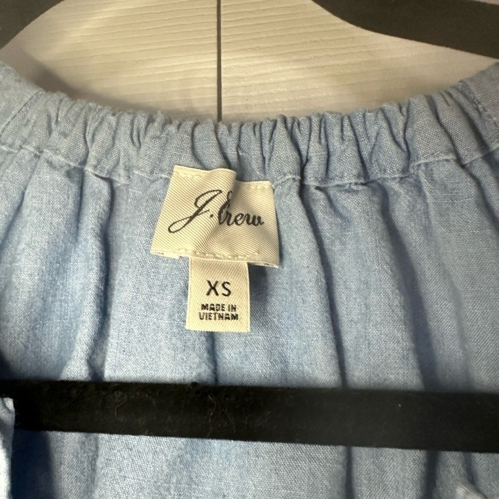 J. Crew Blue Chambray Ruched Tie Neck Top Coastal Beach Prairie - Picture 2 of 4